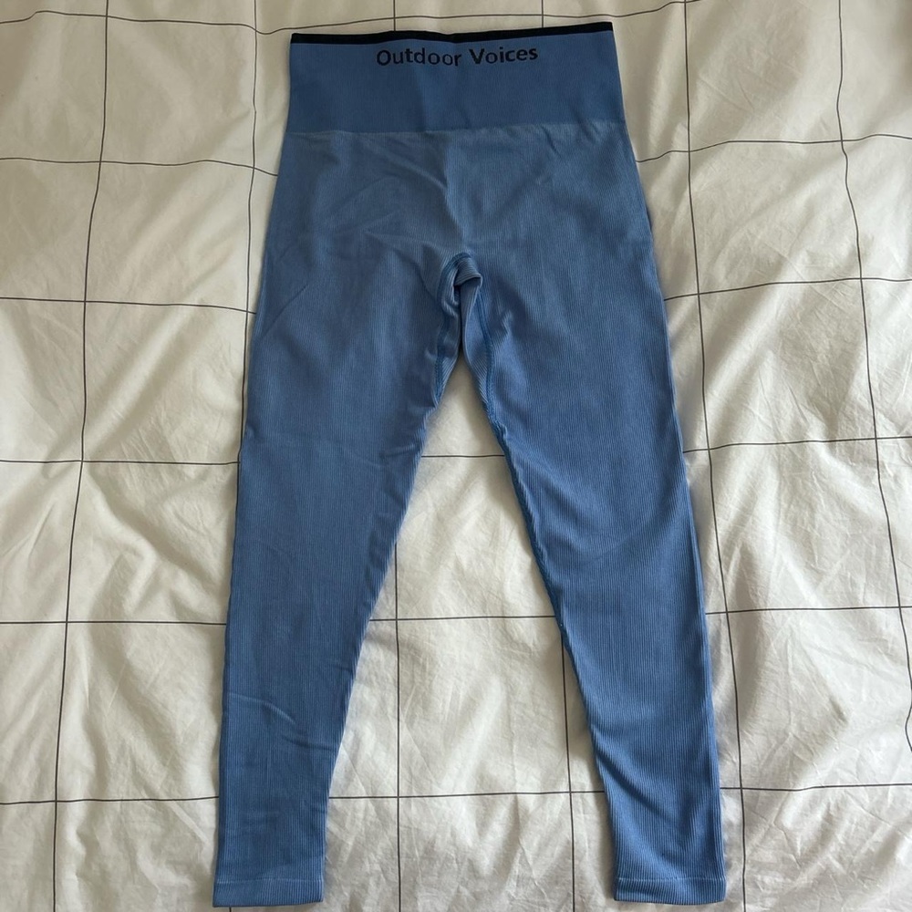 Outdoor Voices Seamless Rib Leggings in light blue.